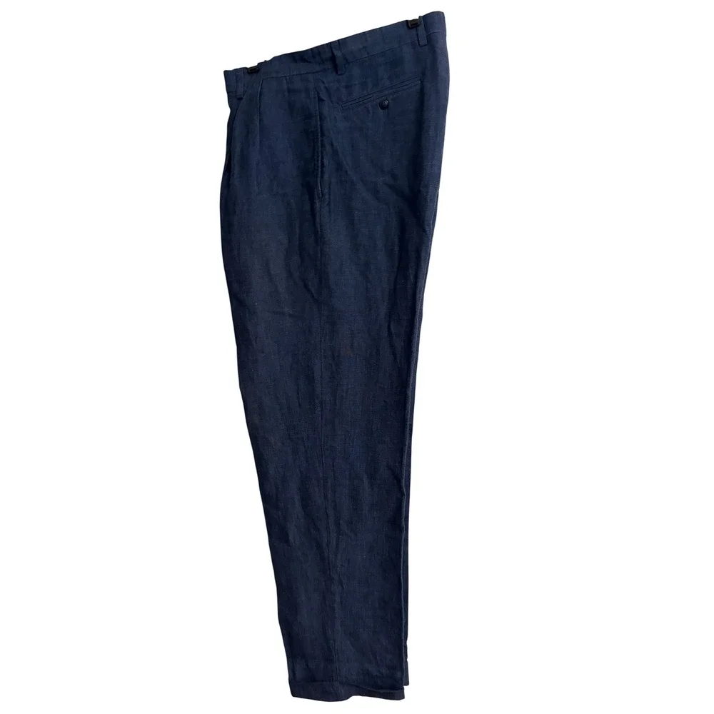 Turnbury Mens 36x32 Navy Blue 100% Linen Pleated Cuffed Dress Pants Trousers